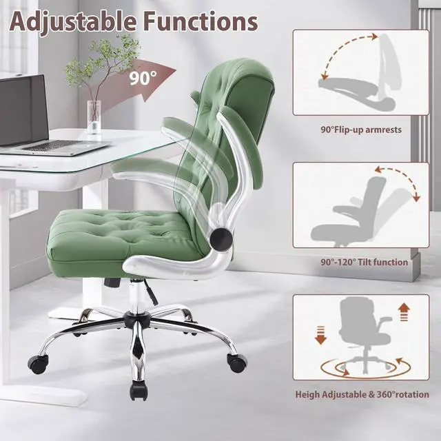 Alt view image 7 of 7 - Mid-Back Office Chair, Modern Leather Ergonomic Executive Desk Chair with Flip Up Arm, Mid Century Swivel Task Chair, Small Rocking Computer Chair with Wheels for Home Office Meeting Room