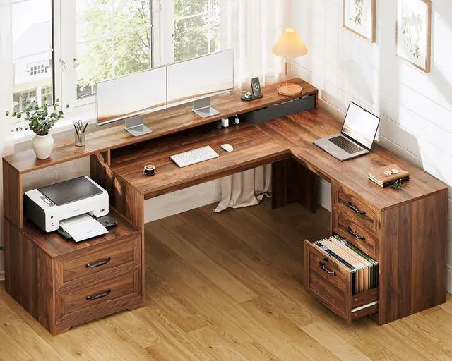 Main image of Farmhouse 68 Inch L Shaped Executive Desk with Drawers, Walnut | Corner Table with Monitor Stand, Office Desk with Printer Shelf, File Cabinet, Outlets, Home Office Computer Workstation