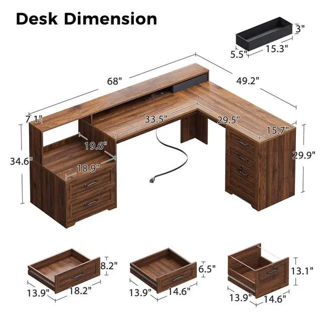 Alt view image 2 of 7 - Farmhouse 68 Inch L Shaped Executive Desk with Drawers, Walnut | Corner Table with Monitor Stand, Office Desk with Printer Shelf, File Cabinet, Outlets, Home Office Computer Workstation