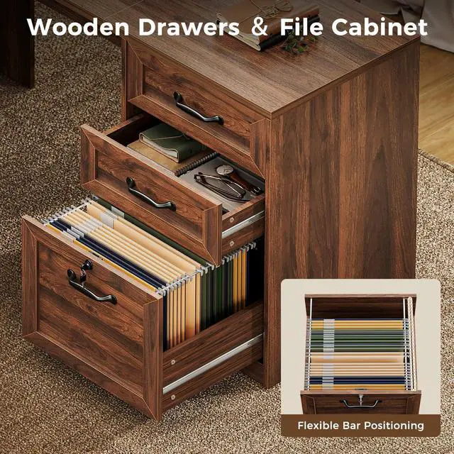 Alt view image 3 of 7 - Farmhouse 68 Inch L Shaped Executive Desk with Drawers, Walnut | Corner Table with Monitor Stand, Office Desk with Printer Shelf, File Cabinet, Outlets, Home Office Computer Workstation