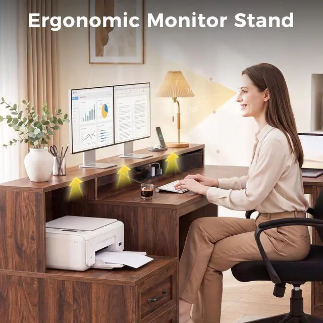 Alt view image 5 of 7 - Farmhouse 68 Inch L Shaped Executive Desk with Drawers, Walnut | Corner Table with Monitor Stand, Office Desk with Printer Shelf, File Cabinet, Outlets, Home Office Computer Workstation