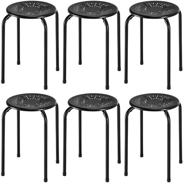 Main image of 6-Pack 17.5-Inch Stackable School Stools for Students, Black | Portable Backless Steel Stack Stools with Daisy Design, Round Classroom Decoration Stools Set of 6 for Kids Children