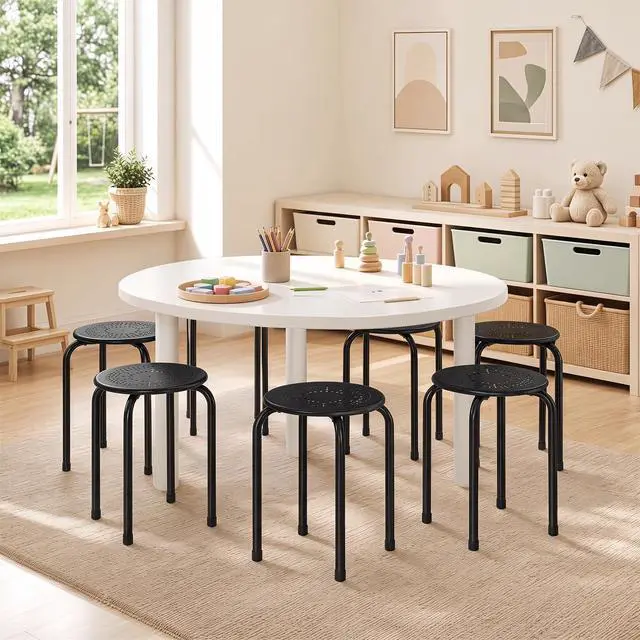 Alt view image 2 of 7 - 6-Pack 17.5-Inch Stackable School Stools for Students, Black | Portable Backless Steel Stack Stools with Daisy Design, Round Classroom Decoration Stools Set of 6 for Kids Children