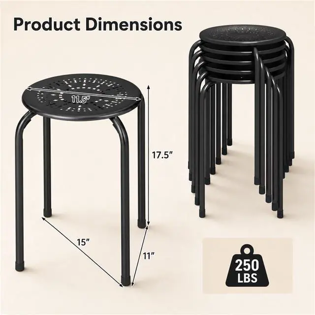 Alt view image 3 of 7 - 6-Pack 17.5-Inch Stackable School Stools for Students, Black | Portable Backless Steel Stack Stools with Daisy Design, Round Classroom Decoration Stools Set of 6 for Kids Children