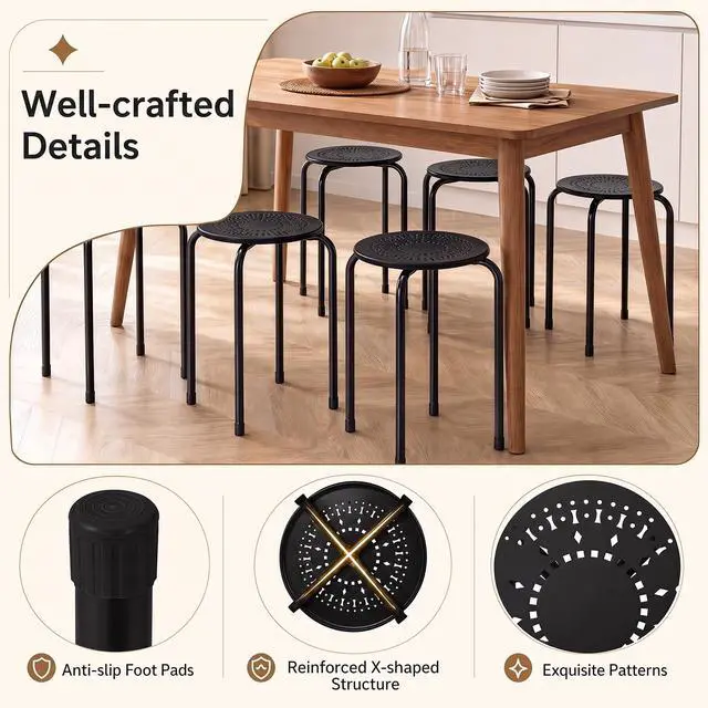 Alt view image 4 of 7 - 6-Pack 17.5-Inch Stackable School Stools for Students, Black | Portable Backless Steel Stack Stools with Daisy Design, Round Classroom Decoration Stools Set of 6 for Kids Children