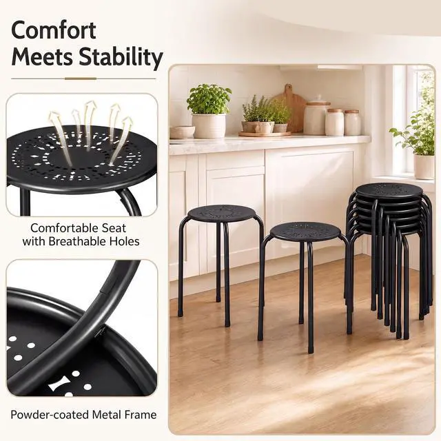 Alt view image 5 of 7 - 6-Pack 17.5-Inch Stackable School Stools for Students, Black | Portable Backless Steel Stack Stools with Daisy Design, Round Classroom Decoration Stools Set of 6 for Kids Children