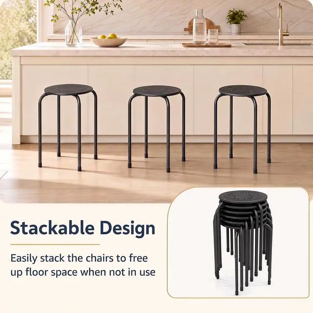 Alt view image 6 of 7 - 6-Pack 17.5-Inch Stackable School Stools for Students, Black | Portable Backless Steel Stack Stools with Daisy Design, Round Classroom Decoration Stools Set of 6 for Kids Children