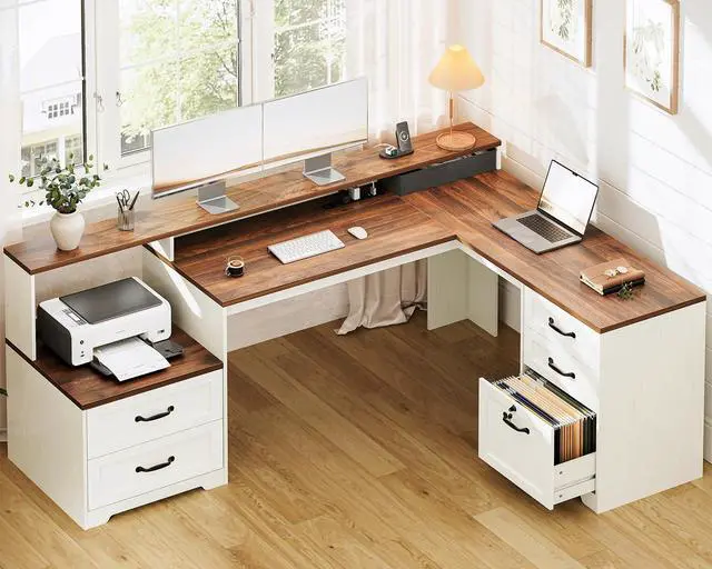 Main image of Farmhouse 68 Inch L Shaped Executive Desk with Drawers, Walnut+White | Corner Table with Monitor Stand, Office Desk with Printer Shelf, File Cabinet, Outlets, Home Office Computer Workstation