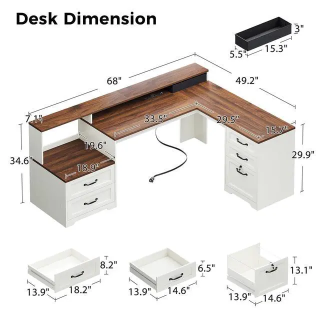 Alt view image 2 of 7 - Farmhouse 68 Inch L Shaped Executive Desk with Drawers, Walnut+White | Corner Table with Monitor Stand, Office Desk with Printer Shelf, File Cabinet, Outlets, Home Office Computer Workstation