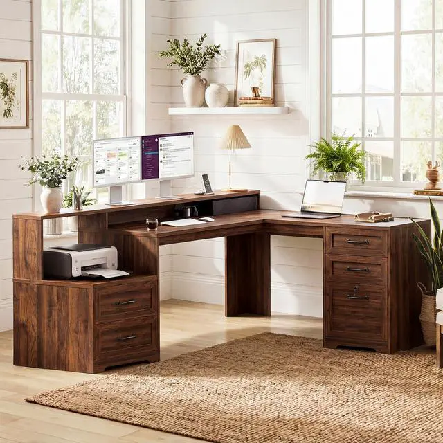 Alt view image 7 of 7 - Farmhouse 68 Inch L Shaped Executive Desk with Drawers, Walnut | Corner Table with Monitor Stand, Office Desk with Printer Shelf, File Cabinet, Outlets, Home Office Computer Workstation
