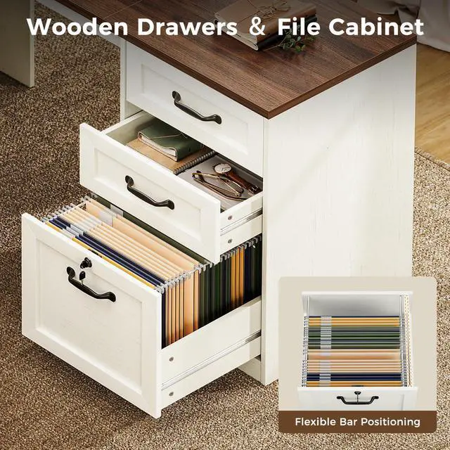 Alt view image 3 of 7 - Farmhouse 68 Inch L Shaped Executive Desk with Drawers, Walnut+White | Corner Table with Monitor Stand, Office Desk with Printer Shelf, File Cabinet, Outlets, Home Office Computer Workstation