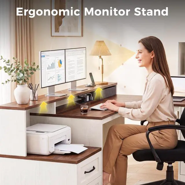Alt view image 5 of 7 - Farmhouse 68 Inch L Shaped Executive Desk with Drawers, Walnut+White | Corner Table with Monitor Stand, Office Desk with Printer Shelf, File Cabinet, Outlets, Home Office Computer Workstation