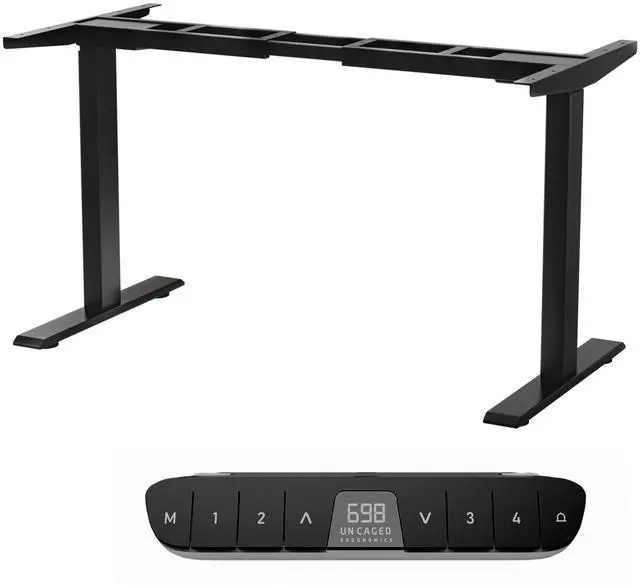 Main image of Electric Dual Motor Standing Desk Frame 2-Stage (Black) | Standing desk legs in laser-cut steel. Lift 250 lbs, 4 memory presets, anti-collision, adjustable width. Adjusts 27.2-46.7"