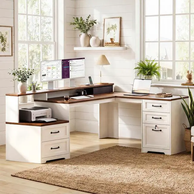 Alt view image 7 of 7 - Farmhouse 68 Inch L Shaped Executive Desk with Drawers, Walnut+White | Corner Table with Monitor Stand, Office Desk with Printer Shelf, File Cabinet, Outlets, Home Office Computer Workstation