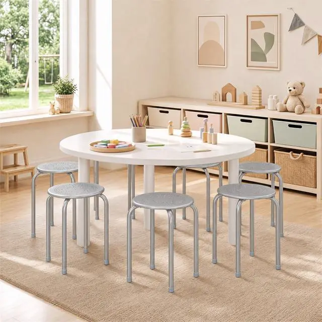Alt view image 2 of 7 - 6-Pack 17.5-Inch Stackable School Stools for Students, Grey | Portable Backless Steel Stack Stools with Daisy Design, Round Classroom Decoration Stools Set of 6 for Kids Children