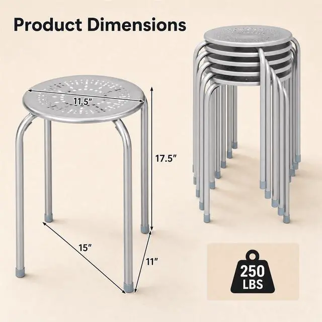 Alt view image 3 of 7 - 6-Pack 17.5-Inch Stackable School Stools for Students, Grey | Portable Backless Steel Stack Stools with Daisy Design, Round Classroom Decoration Stools Set of 6 for Kids Children