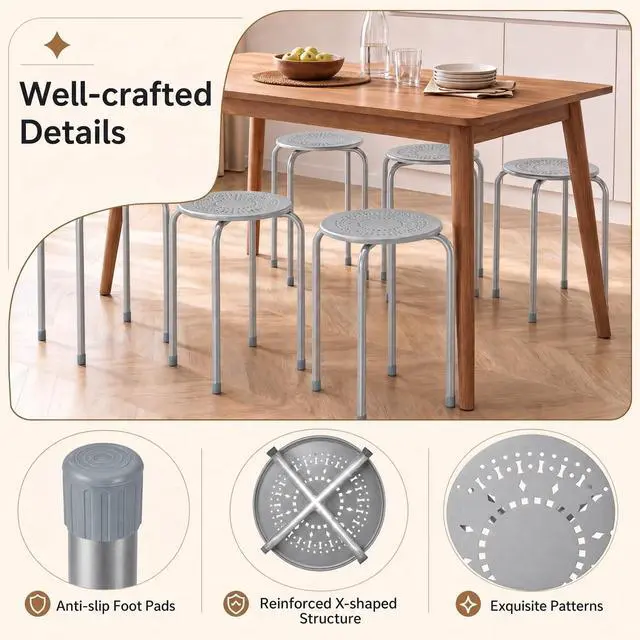 Alt view image 4 of 7 - 6-Pack 17.5-Inch Stackable School Stools for Students, Grey | Portable Backless Steel Stack Stools with Daisy Design, Round Classroom Decoration Stools Set of 6 for Kids Children