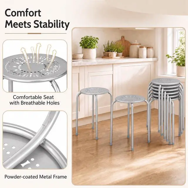 Alt view image 5 of 7 - 6-Pack 17.5-Inch Stackable School Stools for Students, Grey | Portable Backless Steel Stack Stools with Daisy Design, Round Classroom Decoration Stools Set of 6 for Kids Children