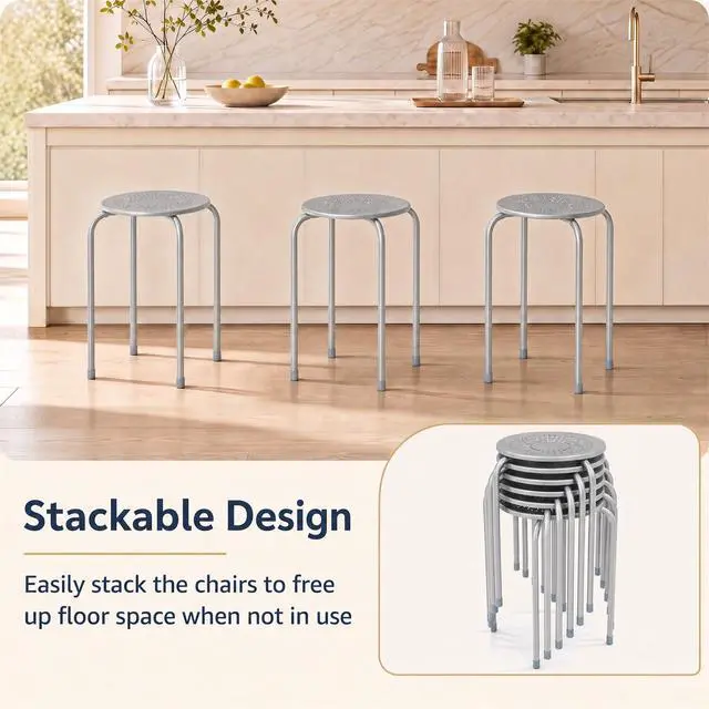 Alt view image 6 of 7 - 6-Pack 17.5-Inch Stackable School Stools for Students, Grey | Portable Backless Steel Stack Stools with Daisy Design, Round Classroom Decoration Stools Set of 6 for Kids Children
