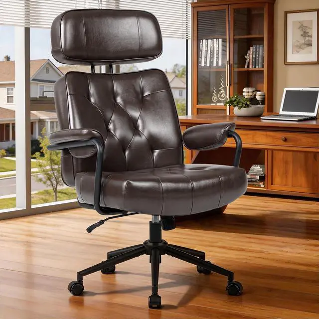 Main image of Mid Century Modern Home Office Desk Chair Comfy, Office Chair Big and Tall | High Back Executive Office Chair, Ergonomic Computer Chairs, Wide Seat, Pu Leather, Rolling Chair with Wheels, Chocolate