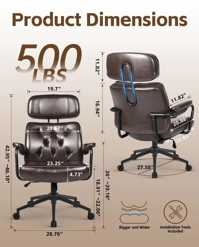 Alt view image 2 of 7 - Mid Century Modern Home Office Desk Chair Comfy, Office Chair Big and Tall | High Back Executive Office Chair, Ergonomic Computer Chairs, Wide Seat, Pu Leather, Rolling Chair with Wheels, Chocolate