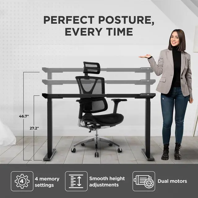 Alt view image 3 of 7 - Electric Dual Motor Standing Desk Frame 2-Stage (Black) | Standing desk legs in laser-cut steel. Lift 250 lbs, 4 memory presets, anti-collision, adjustable width. Adjusts 27.2-46.7"
