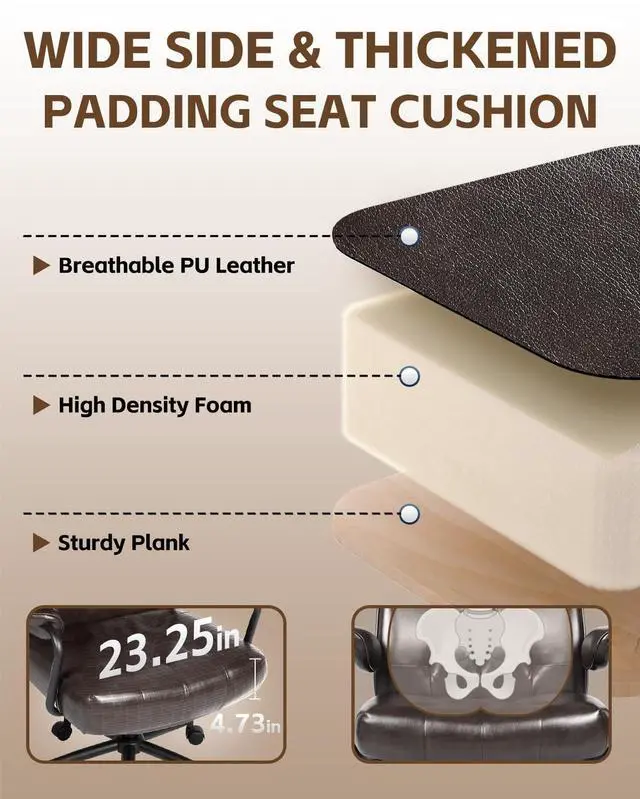 Alt view image 4 of 7 - Mid Century Modern Home Office Desk Chair Comfy, Office Chair Big and Tall | High Back Executive Office Chair, Ergonomic Computer Chairs, Wide Seat, Pu Leather, Rolling Chair with Wheels, Chocolate