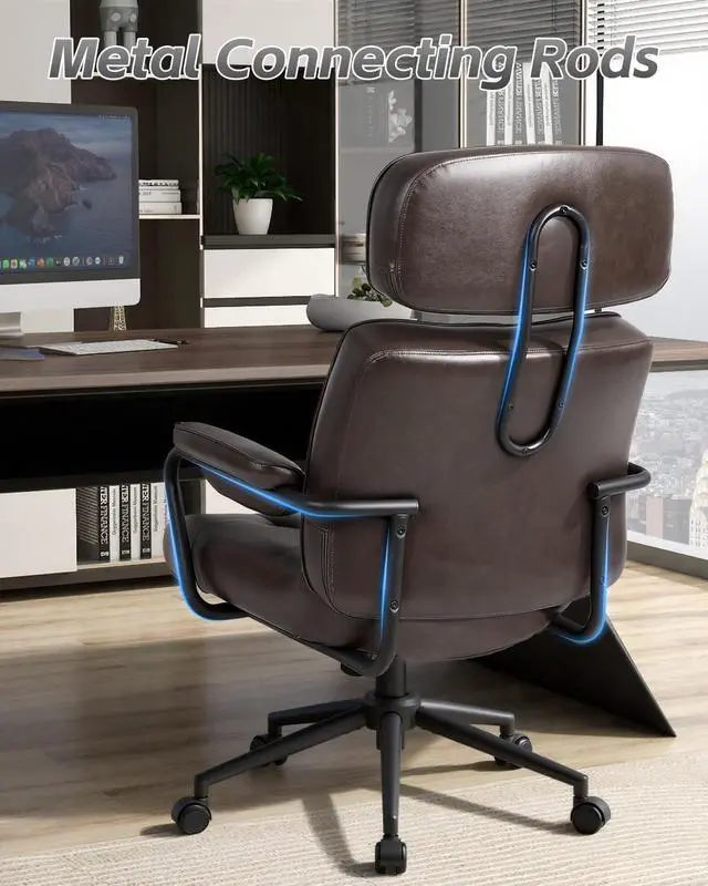 Alt view image 6 of 7 - Mid Century Modern Home Office Desk Chair Comfy, Office Chair Big and Tall | High Back Executive Office Chair, Ergonomic Computer Chairs, Wide Seat, Pu Leather, Rolling Chair with Wheels, Chocolate