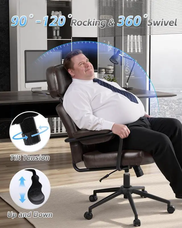 Alt view image 5 of 7 - Mid Century Modern Home Office Desk Chair Comfy, Office Chair Big and Tall | High Back Executive Office Chair, Ergonomic Computer Chairs, Wide Seat, Pu Leather, Rolling Chair with Wheels, Chocolate