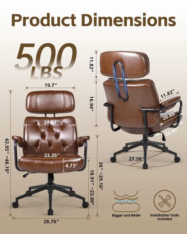 Alt view image 2 of 7 - Mid Century Modern Home Office Desk Chair Comfy, Office Chair Big and Tall | High Back Executive Office Chair, Ergonomic Computer Chairs, Wide Seat, Pu Leather, Rolling Chair with Wheels, Caramel