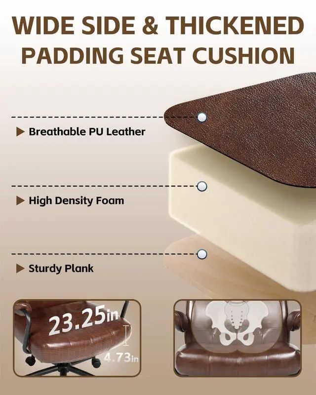 Alt view image 5 of 7 - Mid Century Modern Home Office Desk Chair Comfy, Office Chair Big and Tall | High Back Executive Office Chair, Ergonomic Computer Chairs, Wide Seat, Pu Leather, Rolling Chair with Wheels, Caramel