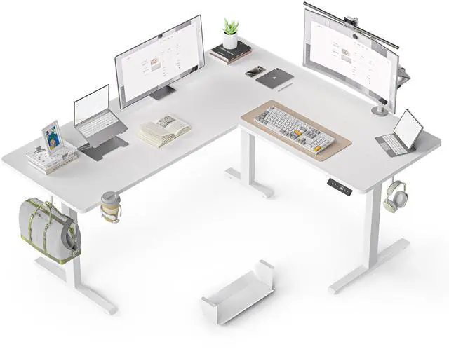 Main image of 63 Inches Reversible L Shaped Standing Desk for Home Office, Electric Height Adjustable Corner Computer Desk, Sit Stand up Table with Cup Holder, Ergonomic Gaming Desk, White