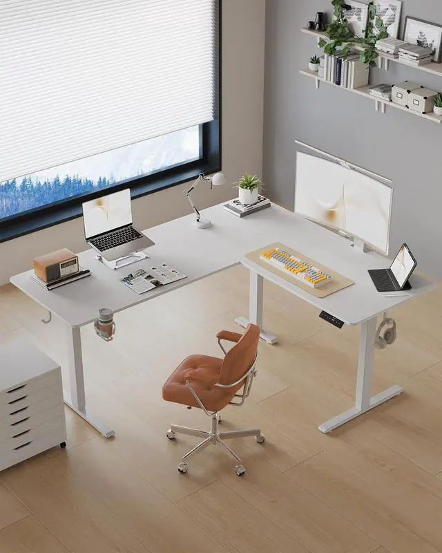 Alt view image 2 of 6 - 63 Inches Reversible L Shaped Standing Desk for Home Office, Electric Height Adjustable Corner Computer Desk, Sit Stand up Table with Cup Holder, Ergonomic Gaming Desk, White
