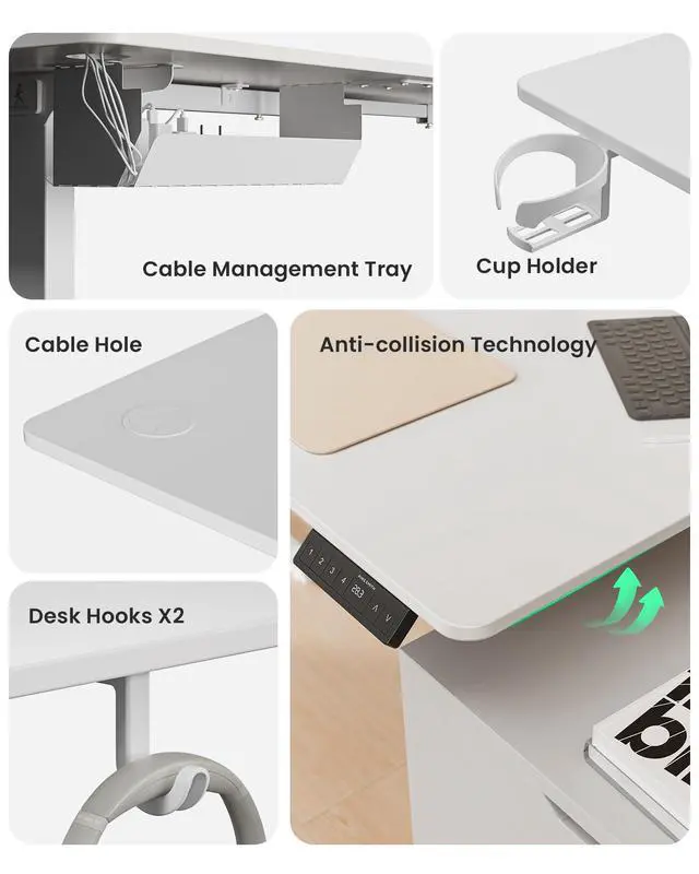Alt view image 6 of 6 - 63 Inches Reversible L Shaped Standing Desk for Home Office, Electric Height Adjustable Corner Computer Desk, Sit Stand up Table with Cup Holder, Ergonomic Gaming Desk, White