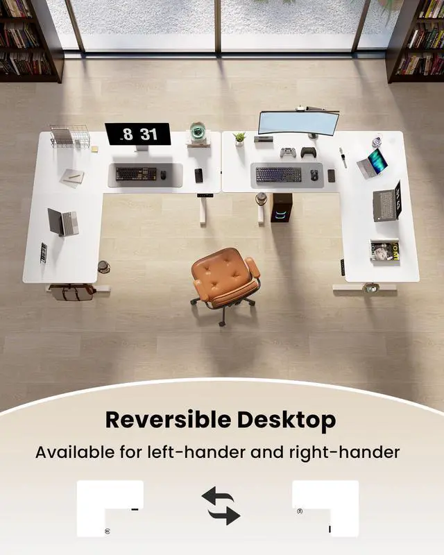 Alt view image 4 of 6 - 63 Inches Reversible L Shaped Standing Desk for Home Office, Electric Height Adjustable Corner Computer Desk, Sit Stand up Table with Cup Holder, Ergonomic Gaming Desk, White