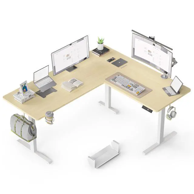 Main image of 63 Inches Reversible L Shaped Standing Desk for Home Office, Electric Height Adjustable Corner Computer Desk, Sit Stand up Table with Cup Holder, Ergonomic Gaming Desk, Oak