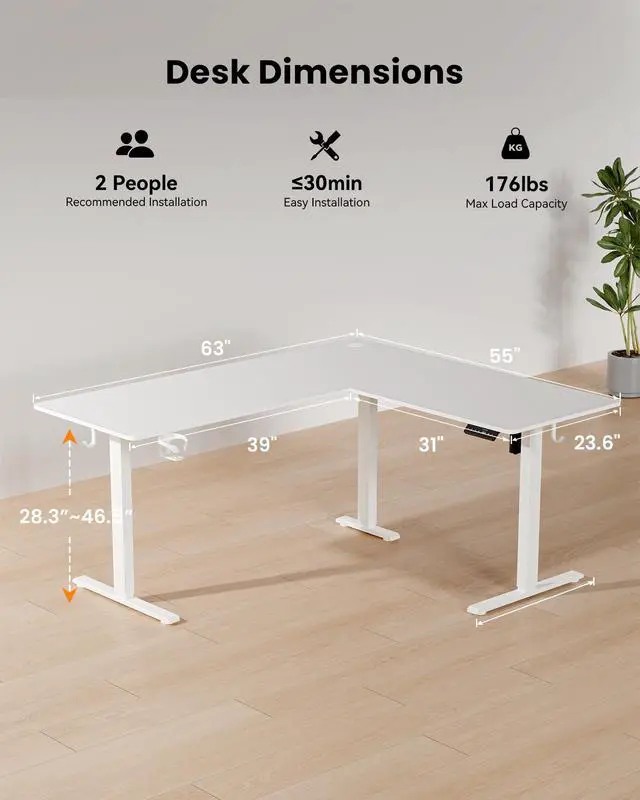 Alt view image 3 of 6 - 63 Inches Reversible L Shaped Standing Desk for Home Office, Electric Height Adjustable Corner Computer Desk, Sit Stand up Table with Cup Holder, Ergonomic Gaming Desk, White