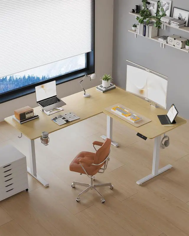 Alt view image 2 of 6 - 63 Inches Reversible L Shaped Standing Desk for Home Office, Electric Height Adjustable Corner Computer Desk, Sit Stand up Table with Cup Holder, Ergonomic Gaming Desk, Oak