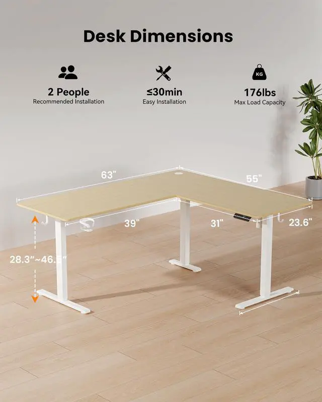 Alt view image 3 of 6 - 63 Inches Reversible L Shaped Standing Desk for Home Office, Electric Height Adjustable Corner Computer Desk, Sit Stand up Table with Cup Holder, Ergonomic Gaming Desk, Oak