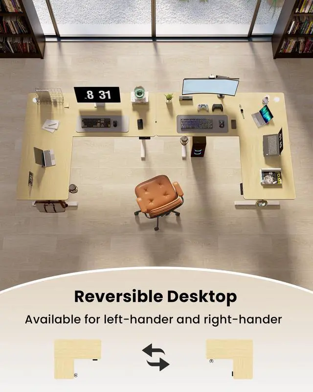 Alt view image 4 of 6 - 63 Inches Reversible L Shaped Standing Desk for Home Office, Electric Height Adjustable Corner Computer Desk, Sit Stand up Table with Cup Holder, Ergonomic Gaming Desk, Oak