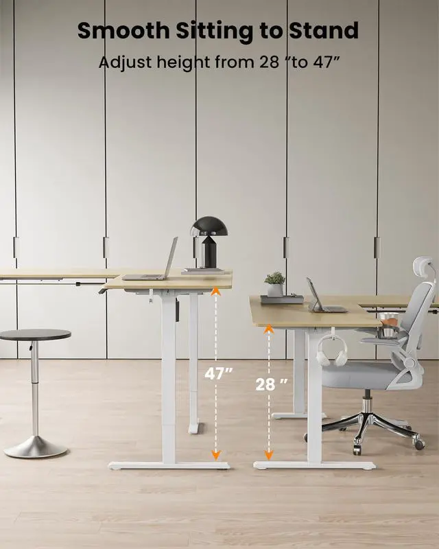 Alt view image 5 of 6 - 63 Inches Reversible L Shaped Standing Desk for Home Office, Electric Height Adjustable Corner Computer Desk, Sit Stand up Table with Cup Holder, Ergonomic Gaming Desk, Oak