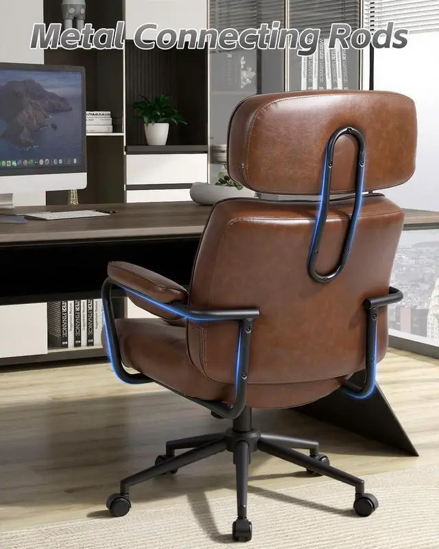 Alt view image 6 of 7 - Mid Century Modern Home Office Desk Chair Comfy, Office Chair Big and Tall | High Back Executive Office Chair, Ergonomic Computer Chairs, Wide Seat, Pu Leather, Rolling Chair with Wheels, Caramel