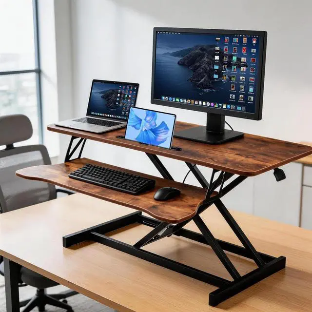 Alt view image 2 of 7 - 37 Inch Standing Desk Converter, Height Adjustable Desktop Standing Desk, Stand Up Riser Compatibles with 2 Computer, Stand Up Converter Laptop Workstation to 18.8" Tall, Black