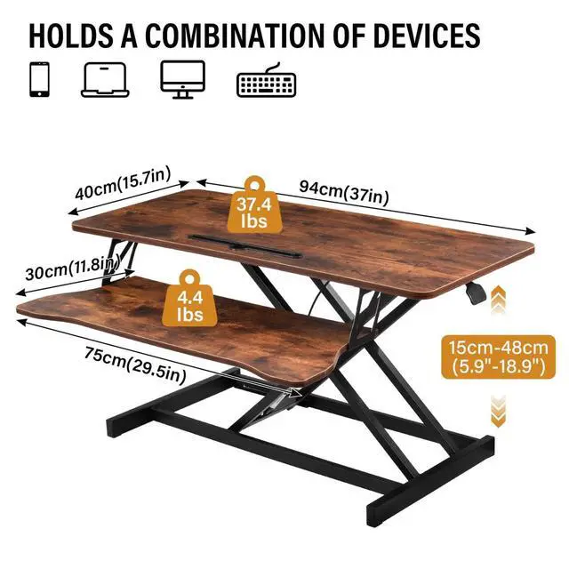 Alt view image 3 of 7 - 37 Inch Standing Desk Converter, Height Adjustable Desktop Standing Desk, Stand Up Riser Compatibles with 2 Computer, Stand Up Converter Laptop Workstation to 18.8" Tall, Black