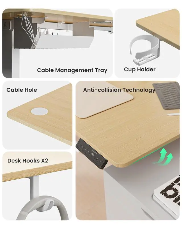 Alt view image 6 of 6 - 63 Inches Reversible L Shaped Standing Desk for Home Office, Electric Height Adjustable Corner Computer Desk, Sit Stand up Table with Cup Holder, Ergonomic Gaming Desk, Oak