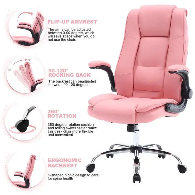 Alt view image 3 of 7 - Pink Office Chair, Ergonomic High Back Executive Office Desk Chairs for Women, 90°-120° Rocking Computer Chair with Wheels, Swivel Lumbar Support Home Office Desk Chair