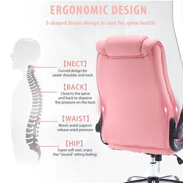 Alt view image 6 of 7 - Pink Office Chair, Ergonomic High Back Executive Office Desk Chairs for Women, 90°-120° Rocking Computer Chair with Wheels, Swivel Lumbar Support Home Office Desk Chair