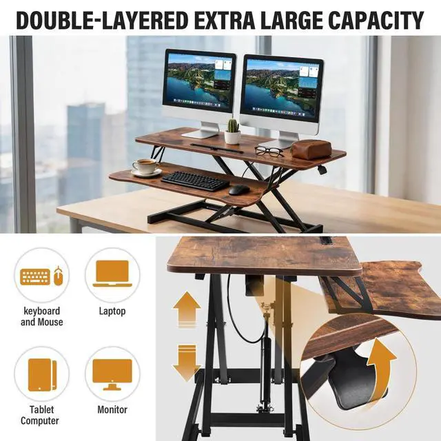 Alt view image 6 of 7 - 37 Inch Standing Desk Converter, Height Adjustable Desktop Standing Desk, Stand Up Riser Compatibles with 2 Computer, Stand Up Converter Laptop Workstation to 18.8" Tall, Black