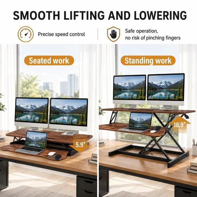 Alt view image 7 of 7 - 37 Inch Standing Desk Converter, Height Adjustable Desktop Standing Desk, Stand Up Riser Compatibles with 2 Computer, Stand Up Converter Laptop Workstation to 18.8" Tall, Black