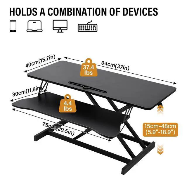 Alt view image 2 of 7 - 37 Inch Standing Desk Converter, Height Adjustable Desktop Standing Desk, Stand Up Riser Compatibles with 2 Computer, Stand Up Converter Laptop Workstation to 18.8" Tall, Black